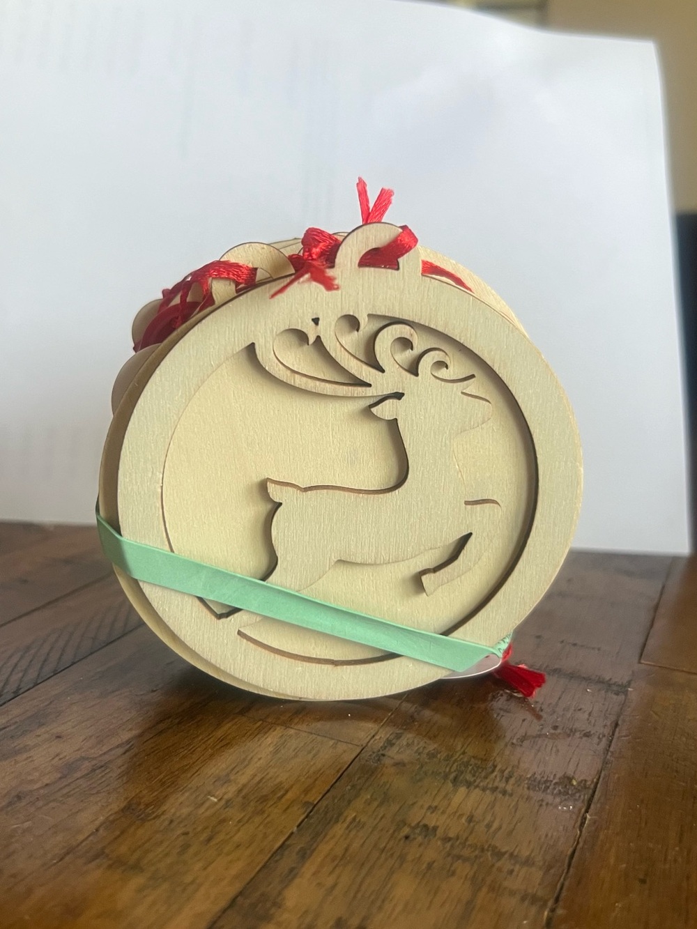 Markets Marker Natural Wood Reindeer Holiday Ornament Set with Red Ribbon